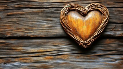 Poster - A weathered wooden heart woven with natural twine rests on a rustic, aged wood background.