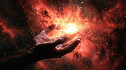 Wall Mural - a holistic photorealistic image of hands with a bright glow coming from the inside with a bright red