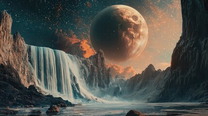 Wall Mural - a majestic waterfall out in the middle of space on a distant alien planet, galactic setting, epic ci
