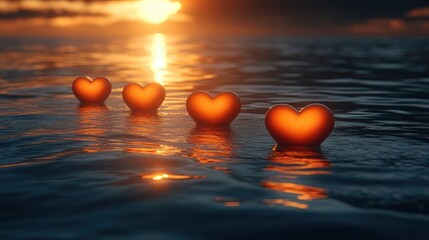 Poster - Four glowing hearts float on the water's surface as the sun dips below the horizon, casting a warm golden light across the tranquil scene.