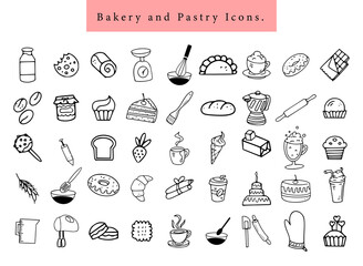 hand drawn bakery pastry element and icons line art cooking cakes bread