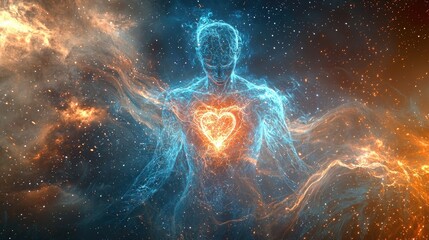 Wall Mural - a radiant human figure made of pure energy, glowing with electric blue and fiery orange light, stand