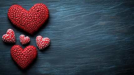 Poster - A cluster of red and white hearts on a dark wooden surface, symbolizing love and affection.