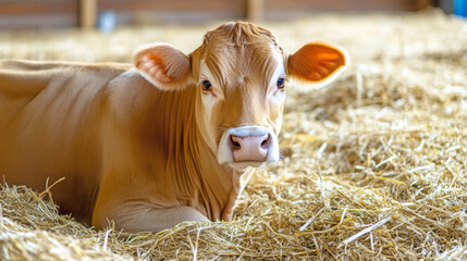 a cow standing on straw in a barn, symbolizing rural life and farming