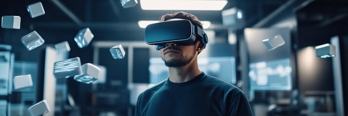 Aufkleber - A virtual reality designer explores innovative 3D concepts in a modern studio filled with floating digital elements. Generative AI