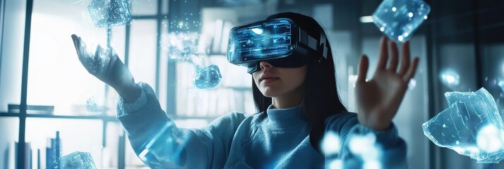 Poster - A virtual reality designer explores immersive 3D creations in a modern studio while wearing a VR headset. Generative AI