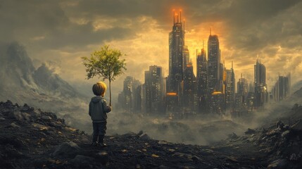 In a barren landscape, a young child plants a tree while a distant metropolis glows on the horizon, representing a brighter, sustainable future