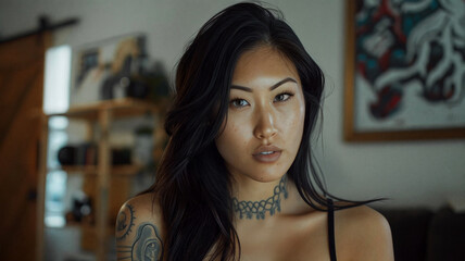 Young woman with tattoos on her arm and neck, looking confidently at the camera in an indoor setting, showcasing a stylish, modern vibe with natural beauty and self-expression