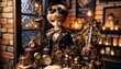 © Semiase - A steampunk doll stands in a vintage workshop surrounded by gears, clocks, and instruments. The setting captures an intricate blend of fantasy and industrial charm.
