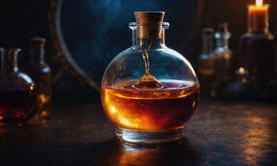 A round glass bottle with a cork stopper filled with a golden liquid sits on a dark wooden table