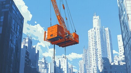 A large orange construction crane lifts a prefabricated building section high above a city skyline.