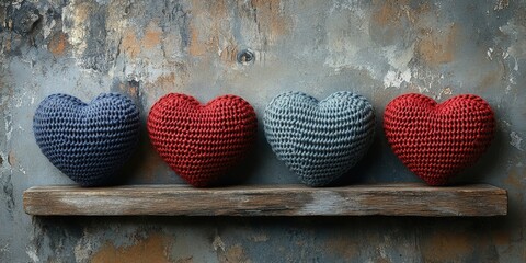 Poster - Four crocheted hearts in alternating blue and red colors sit on a rustic wooden shelf against a textured gray background.