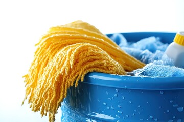 A bucket filled with yellow cleaning cloths and a bottle of cleaner