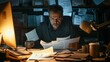 © Dara - A workaholic man at his office desk, surrounded by paperwork, coffee mugs, and a glowing computer screen.