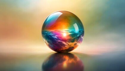 Shimmering sphere reflecting dawns vibrant spectrum with a mesmerizing surface