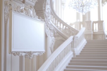 Canvas Print - A large chandelier hangs above a staircase in a large room