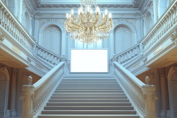 Canvas Print - A large chandelier hangs above a staircase in a large room