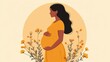 © 69 - Simple flat art of a pregnant woman holding her stomach, evoking tenderness and the joy of expecting a baby.