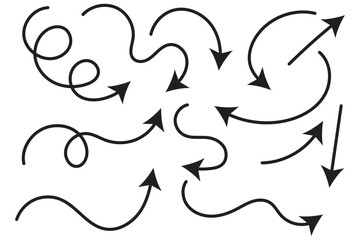 Wall Mural - hand drawn thin line arrows set. many vector curvy and wavy arrows isolated on white background.