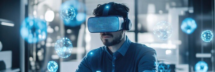 Aufkleber - A virtual reality designer works in a modern studio immersed in 3D floating objects while wearing a VR headset. Generative AI