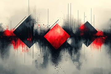 A painting of three squares with red and black colors