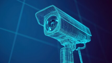 Wireframe CCTV camera focuses ahead on a blue background, representing advanced security systems and modern surveillance.