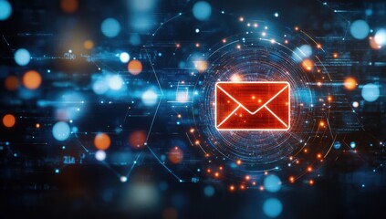 Red mail icon on digital background with glowing data, online communication concept