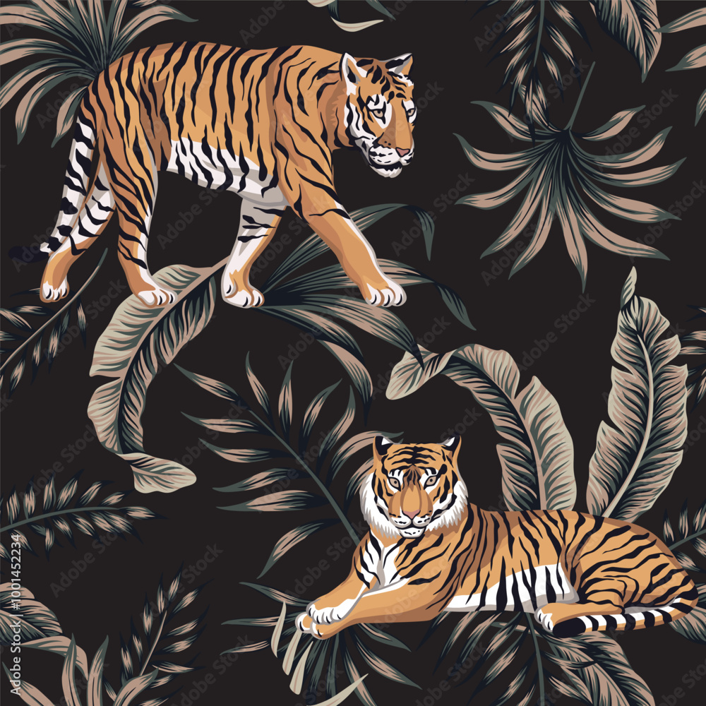 Tiger Bush Pattern Tiger, tropical palm leaves floral seamless pattern black background ...
