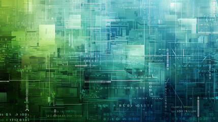 Abstract tech background featuring overlapping layers of transparent blue and green data grids with floating geometric shapes and binary code. cyber tech wallpaper