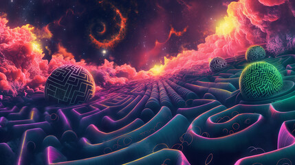 Wall Mural - A psychedelic digital painting of an intricate maze with neon colors, floating orbs and fractal patterns, set against the backdrop of space or another dimension, creating a surreal atmosphere.