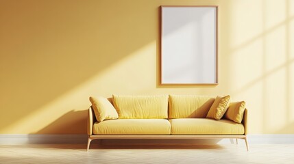 Mock up frame in an empty room with soft sand-colored walls and a modern mustard yellow sofa, 3D render 