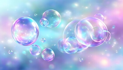 Wall Mural - Whimsical Iridescent Soap Bubbles Dancing Against a Soft Pastel Sky