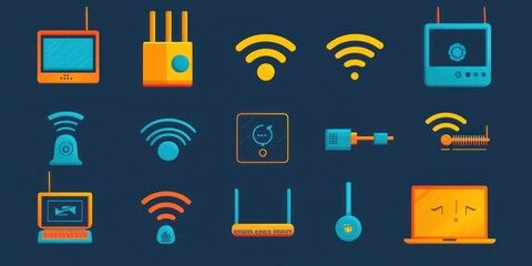 A collection of icons representing different aspects of wireless technology, like routers, signals, and devices.