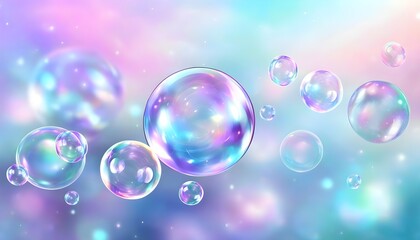 Wall Mural - Whimsical Iridescent Soap Bubbles Dancing Against a Soft Pastel Sky