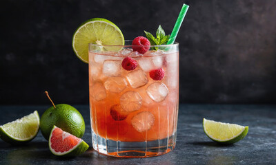 A refreshing drink with lime, raspberries, and ice on a dark background