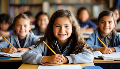 Joyful schoolboy portrait at desk, showcasing enthusiasm for learning