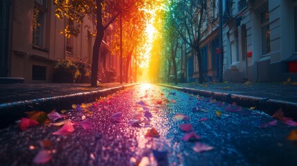 Poster - A street with colorful leaves on the ground