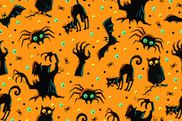 Spooky Halloween Seamless Pattern. Orange and black colors. Spider, scared cat, bat, owl, zombie hand, old tree. Spooky holiday pattern. Vector illustration. Design for printing.