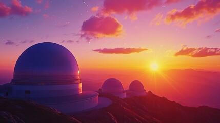 Wall Mural - a beautiful sunset view of an observatory on a hill, with telescopes lined up, ready for the evening