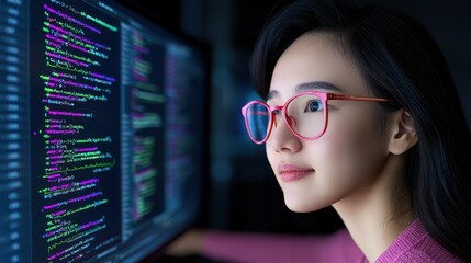 Woman Programmer Looking at Code on Computer Screen