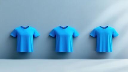 Three Blue T Shirts Mockup on Blue Background