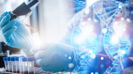 lab technician assistant analyzing a blood sample in test tube to research dna at laboratory with mi