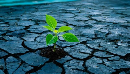 Wall Mural - Hopeful green sapling thriving amidst harsh urban surroundings, embodying resilience and renewal in a concrete jungle