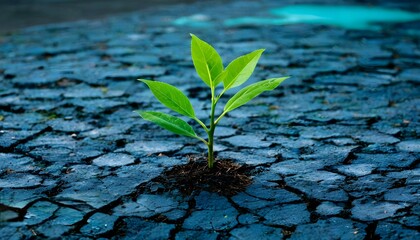 Wall Mural - Hopeful green sapling thriving amidst harsh urban surroundings, embodying resilience and renewal in a concrete jungle