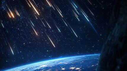 Wall Mural - a close-up of a meteor shower illuminating the dark sky, with multiple meteors entering earth's atmo