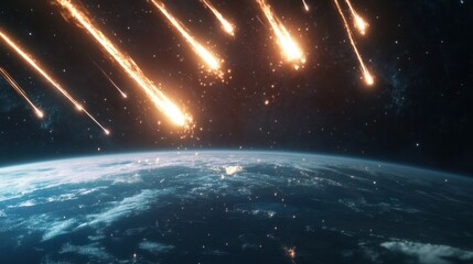 Wall Mural - a close-up of a meteor shower illuminating the dark sky, with multiple meteors entering earth's atmo
