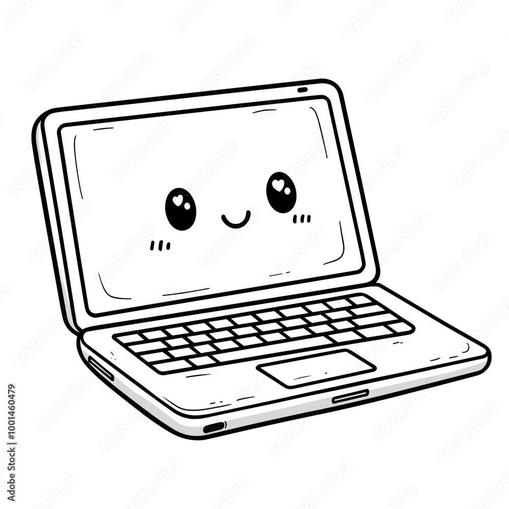 Cute Kawaii laptop Coloring Pages Kids Stock Vector | Adobe Stock