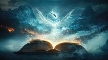 Wall Mural - An open book with magical swirls emanating from it, surrounded by mountains and forests, silhouette of a dragon seen above the clouds with an empty