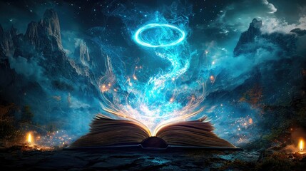Wall Mural - An open book with magical swirls emanating from it, surrounded by mountains and forests, silhouette of a dragon seen above the clouds with an empty 