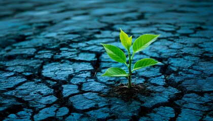 Wall Mural - Hopeful green sapling thriving amidst harsh urban surroundings, embodying resilience and renewal in a concrete jungle